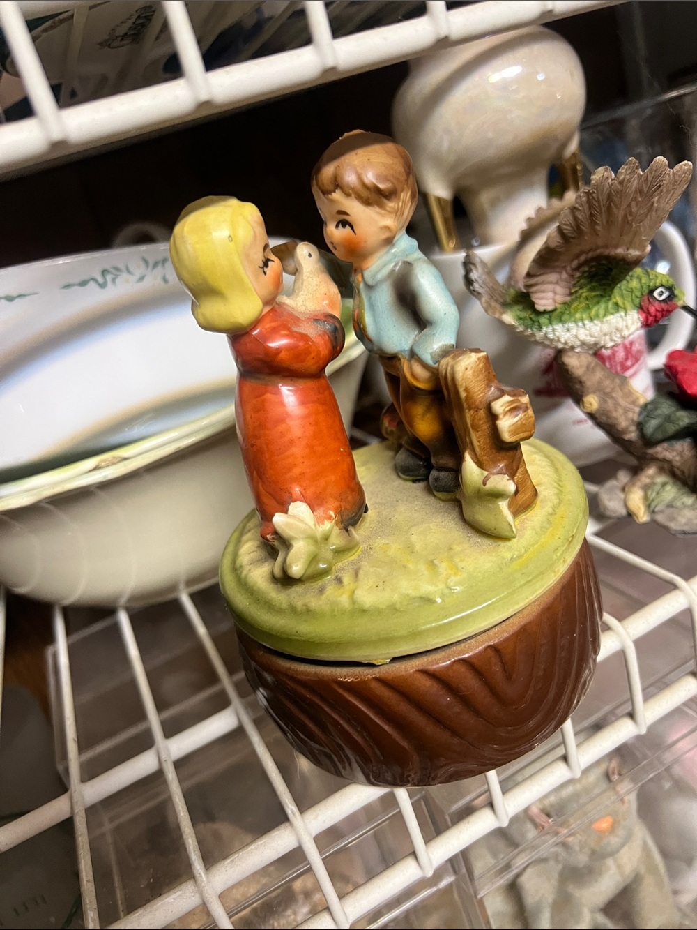 Vintage Hand-Painted Ceramic Boy and Girl Music Box - Orange & Green